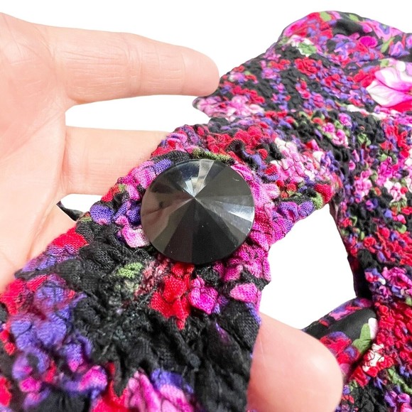 PANTAGIS Vtg 80s Drop Waist Floral Long Dress Rayon Big Shoulder Cutout Stretch - Picture 8 of 15